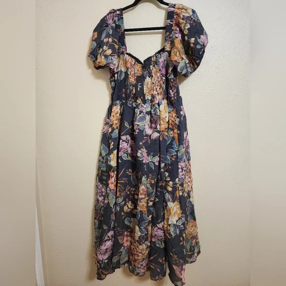 Lulus Adorable Tendencies Dark Grey Floral Puff Sleeve Midi Dress XXL Wedding - Picture 8 of 10